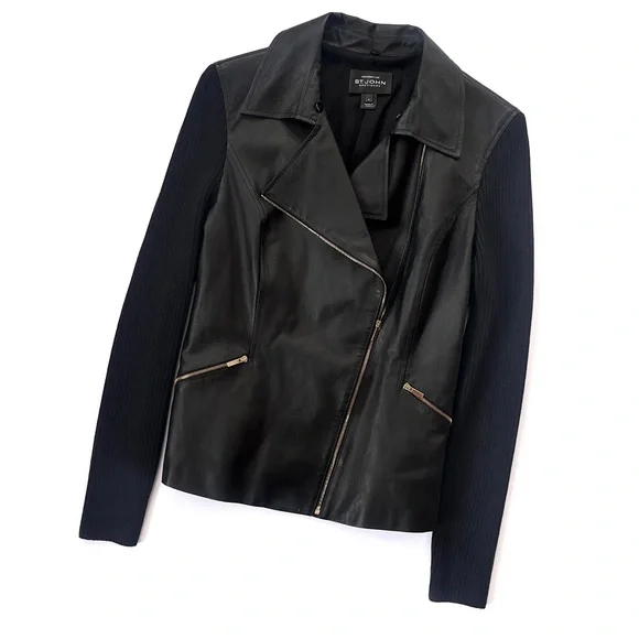 Women’s St. John Black Napa Leather Moto Jacket - Picture 2 of 11